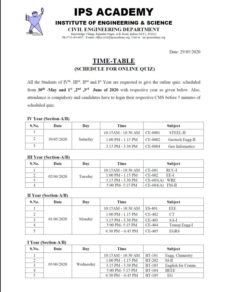 Time Table for Online Quiz IPS Academy Indore