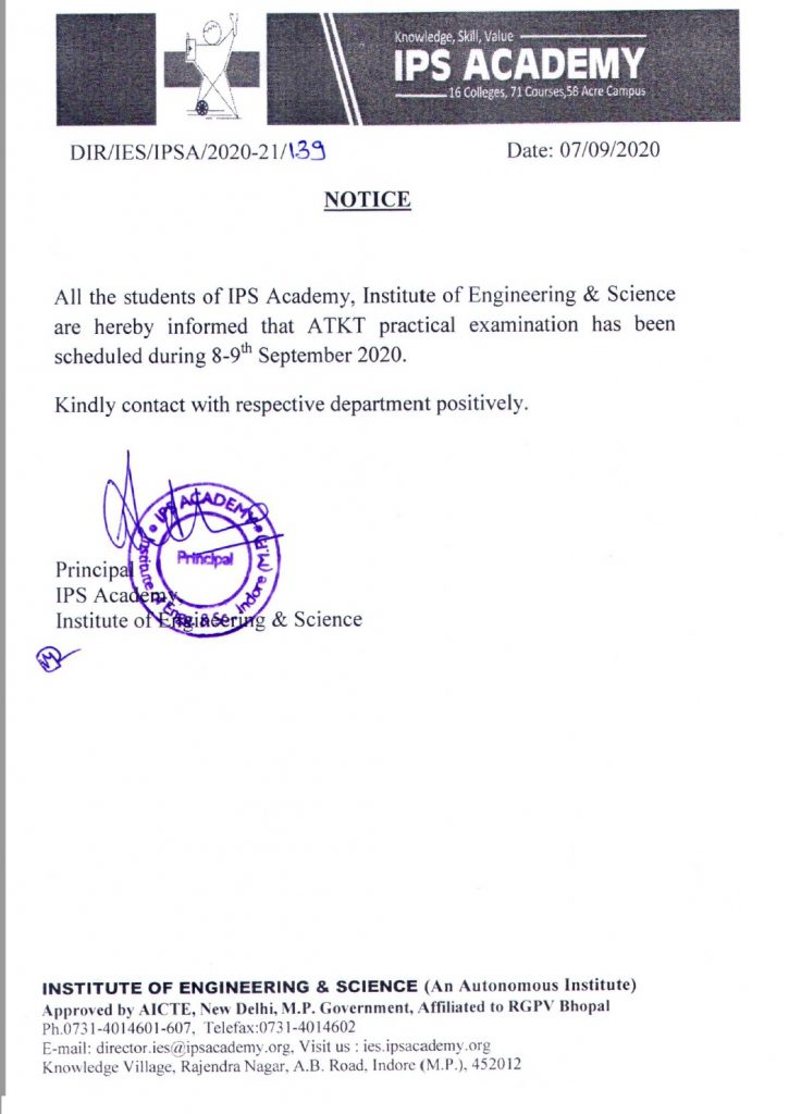 Notice for ATKT Students Practical Exam – IPS Academy Indore