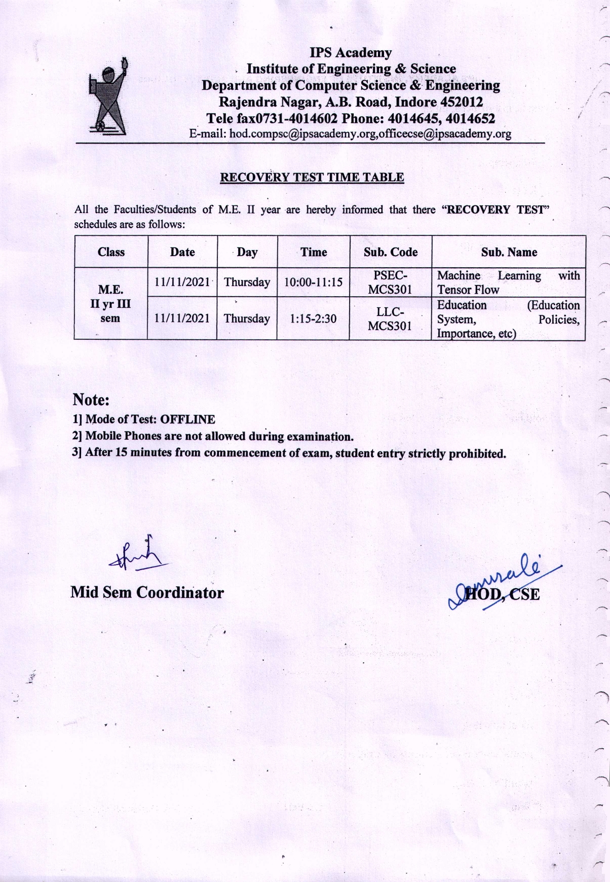 me recovery test time table_001
