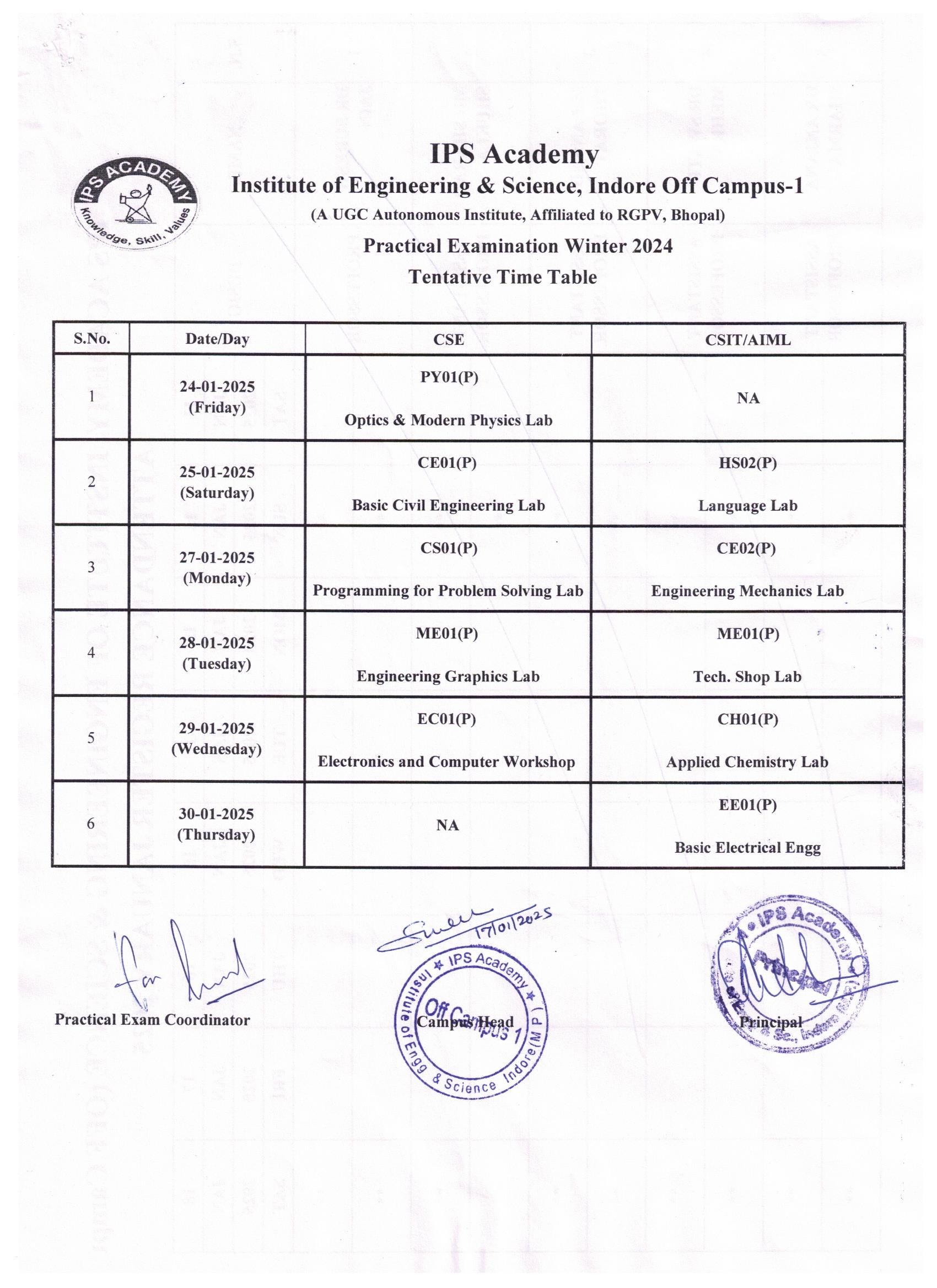 Practical Exam Time Table