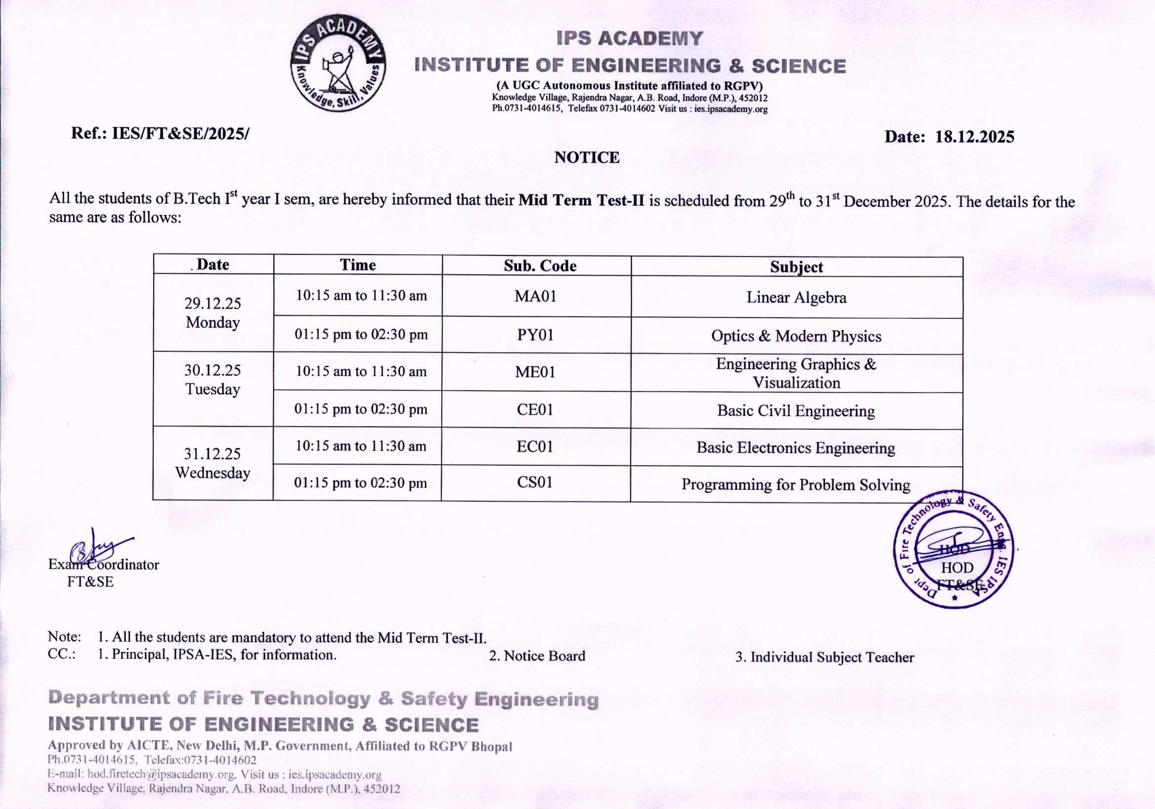 B.Tech.MST Test-II Notice-2025 1st year