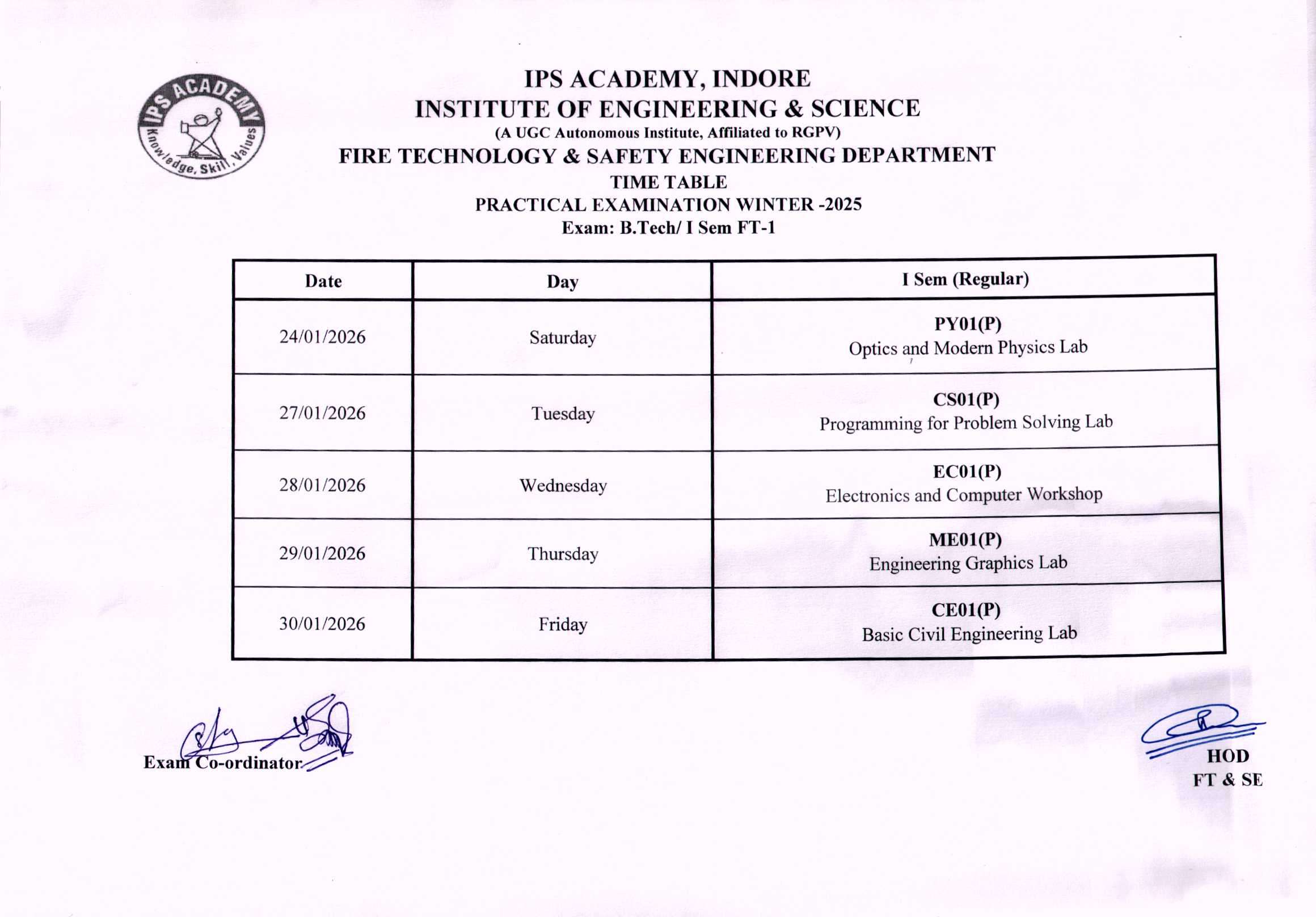 B.Tech. 1 year Practical Time table FT-I