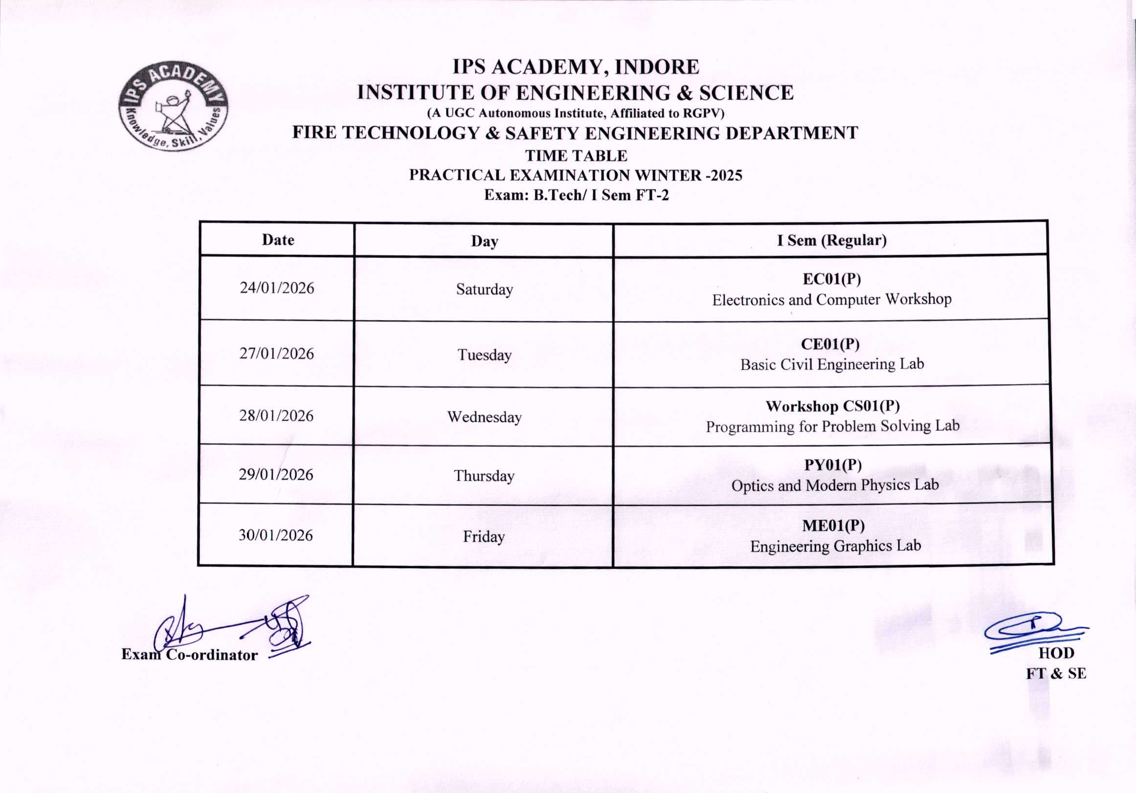 B.Tech. 1 year Practical Time table FT-II