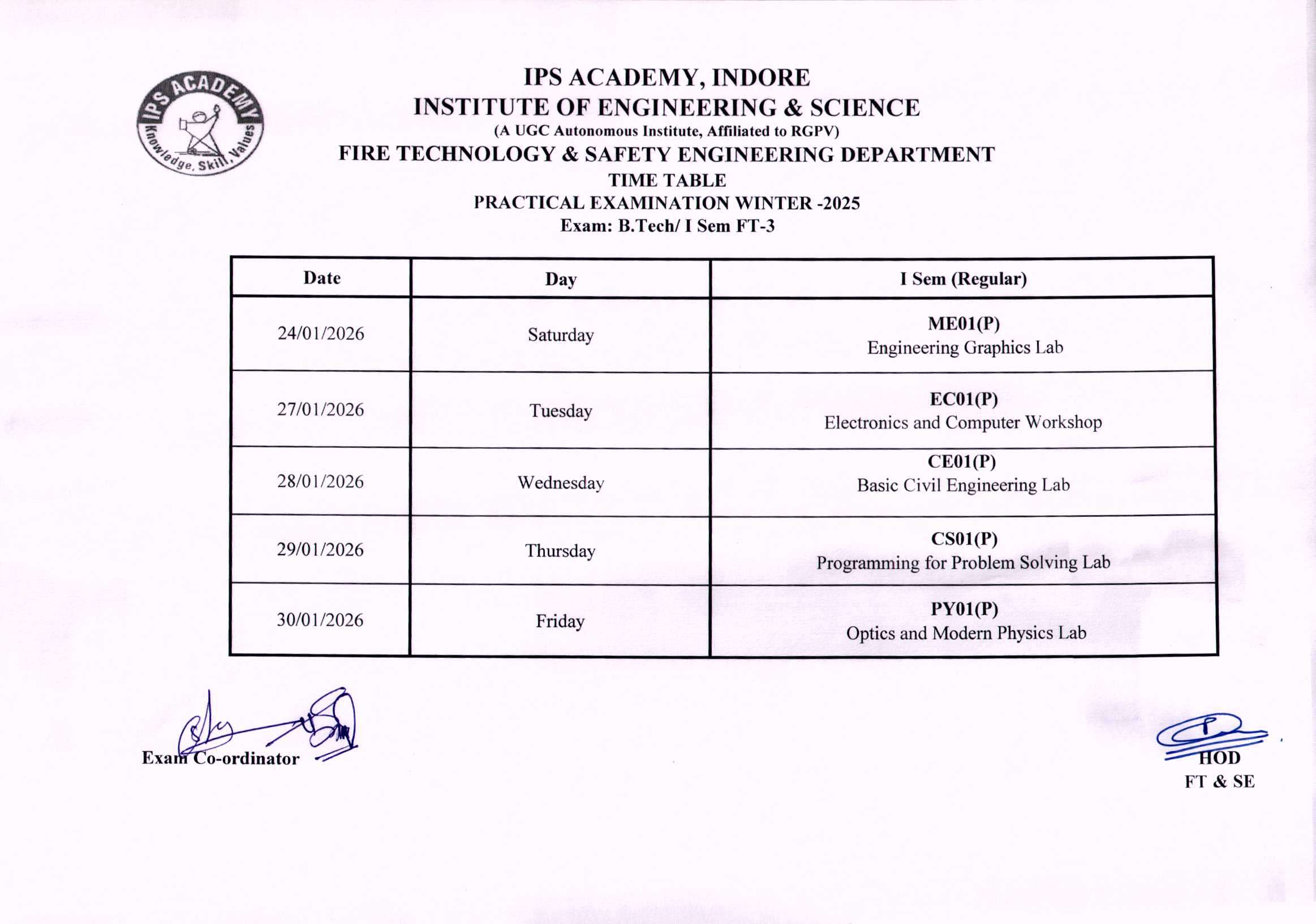 B.Tech. 1 year Practical Time table FT-III