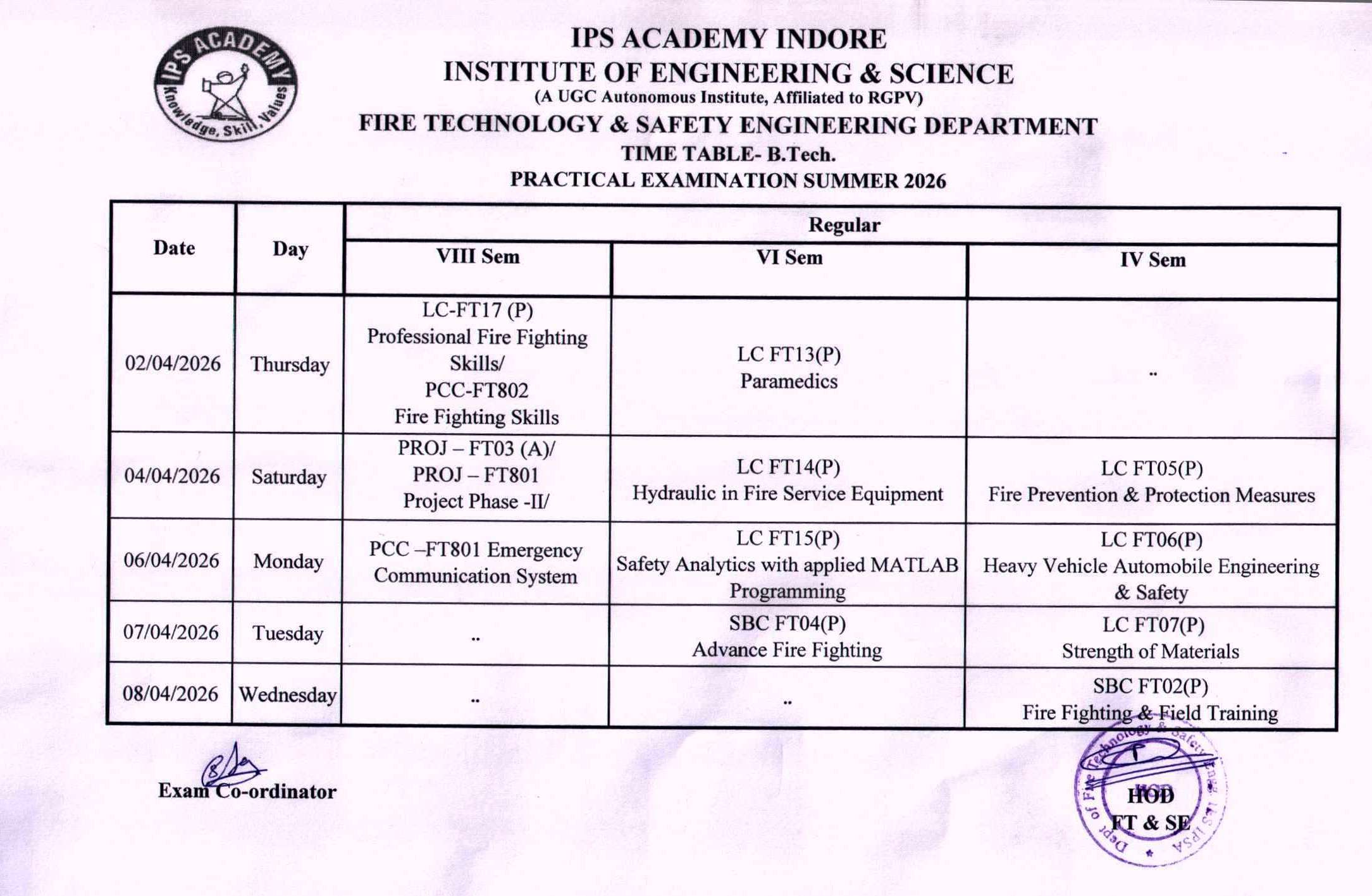 B.Tech Practical Exam Time Table April-2026