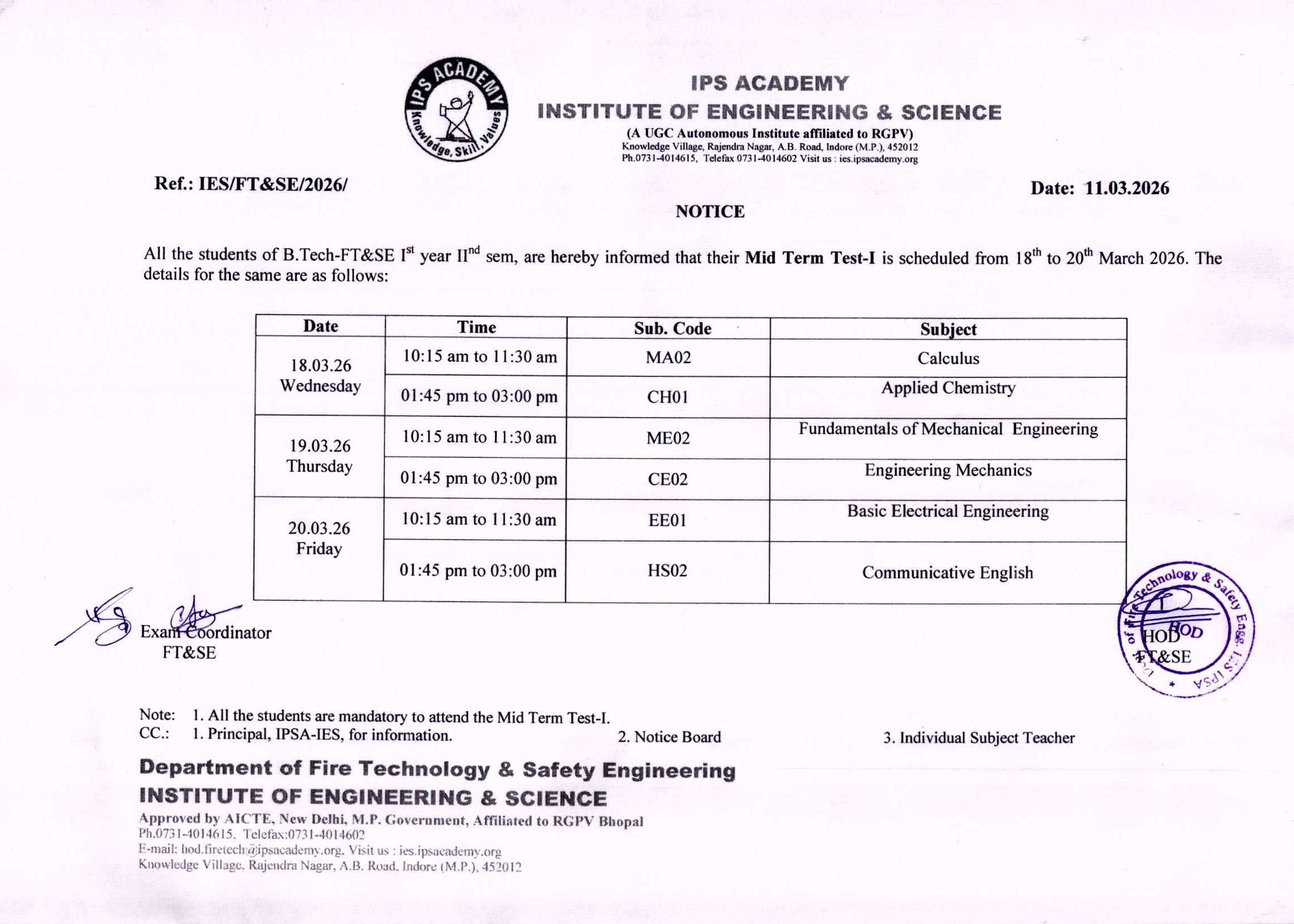 B.Tech. 1st Year 2nd Sem MST-I Time Table