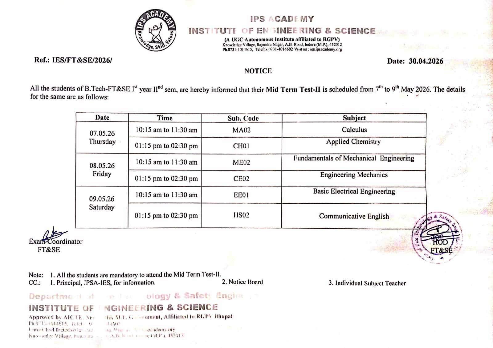 B Tech 1st Year 2nd Sem MST-II Time Table