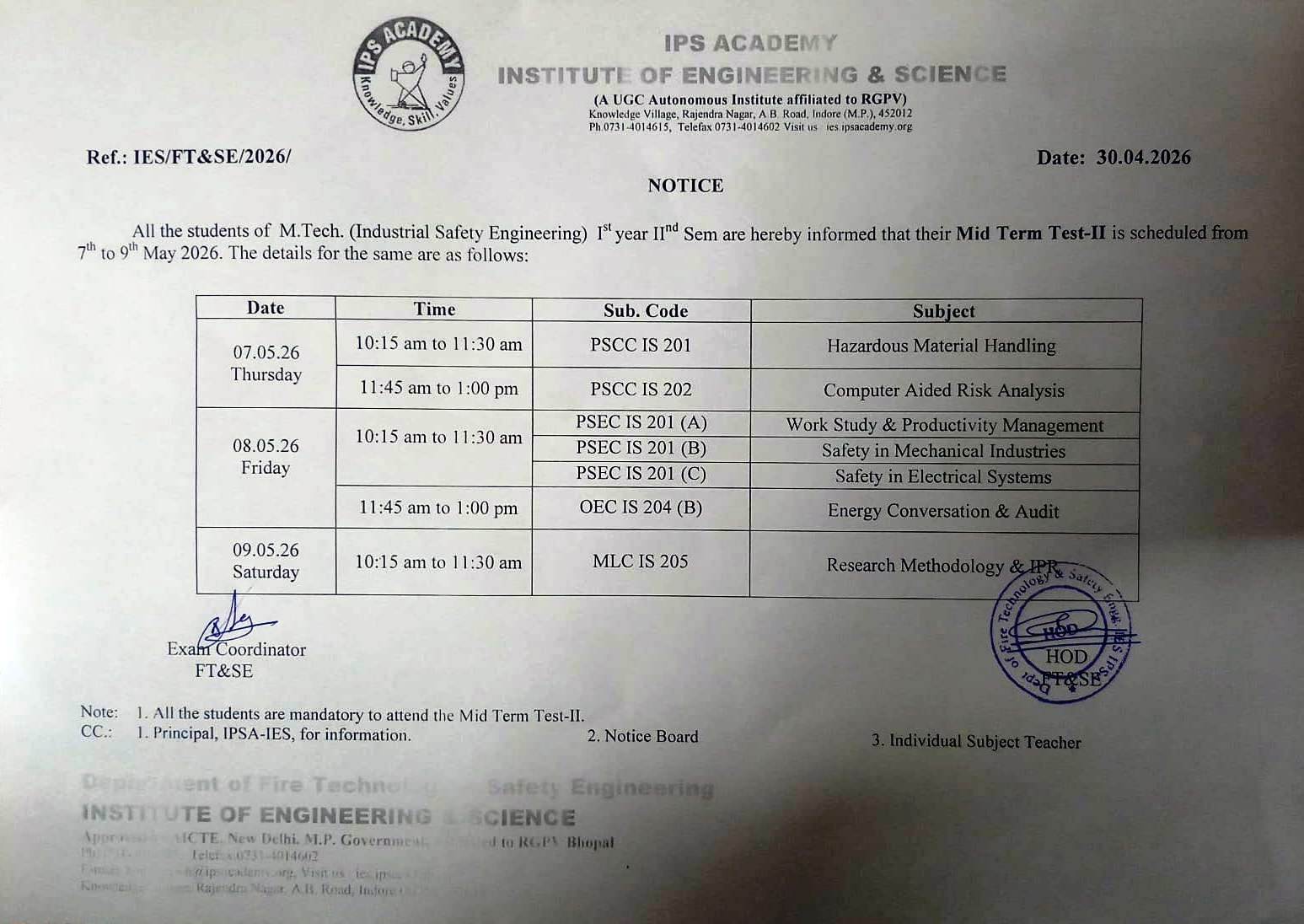 M Tech 1st Year 2nd Sem MST-II Time Table