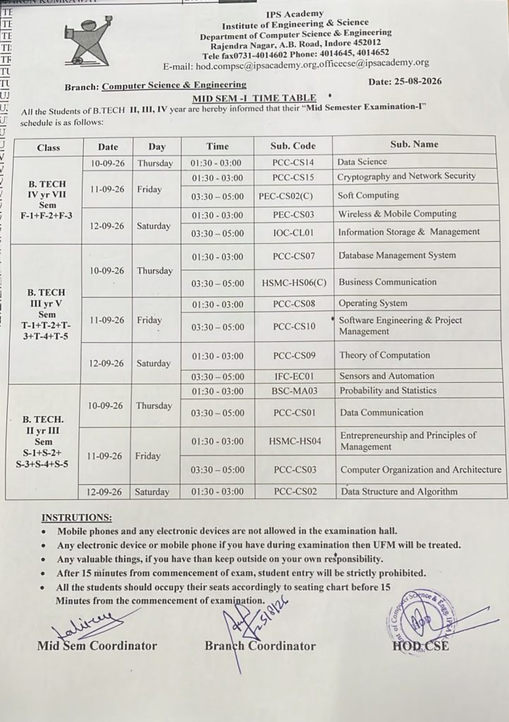 CSE MST-1 Time Table Sep 2026