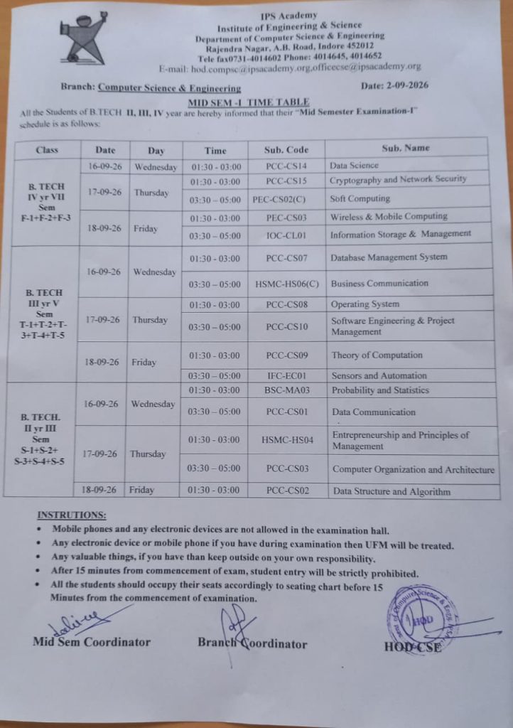 CSE MST-1 Time Table Sep 2026-Updated