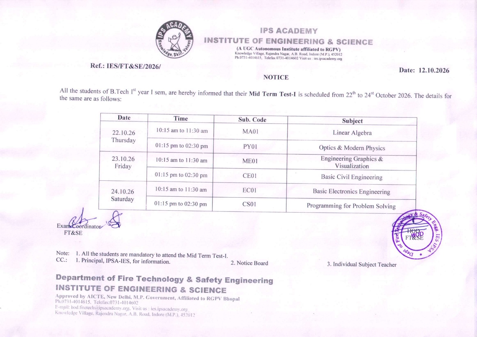 B Tech 1st Year 1st Sem MST-I Time Table