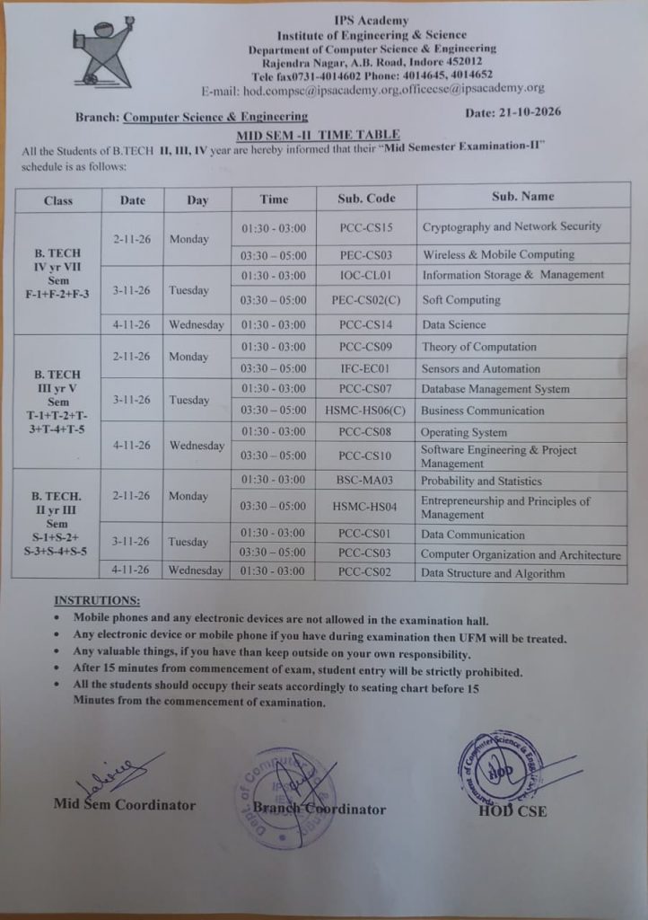 CSE MID SEMESTER TEST -II TT Nov 2026