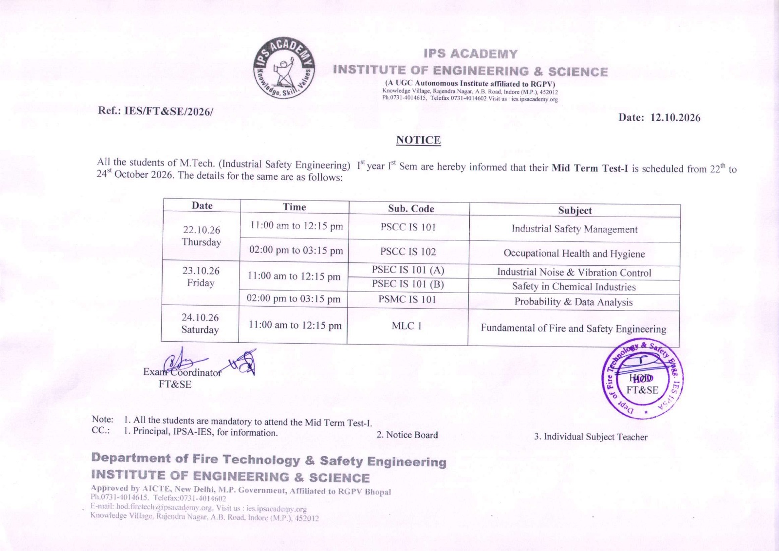 M Tech 1st Year 1st Sem MST-I Time Table